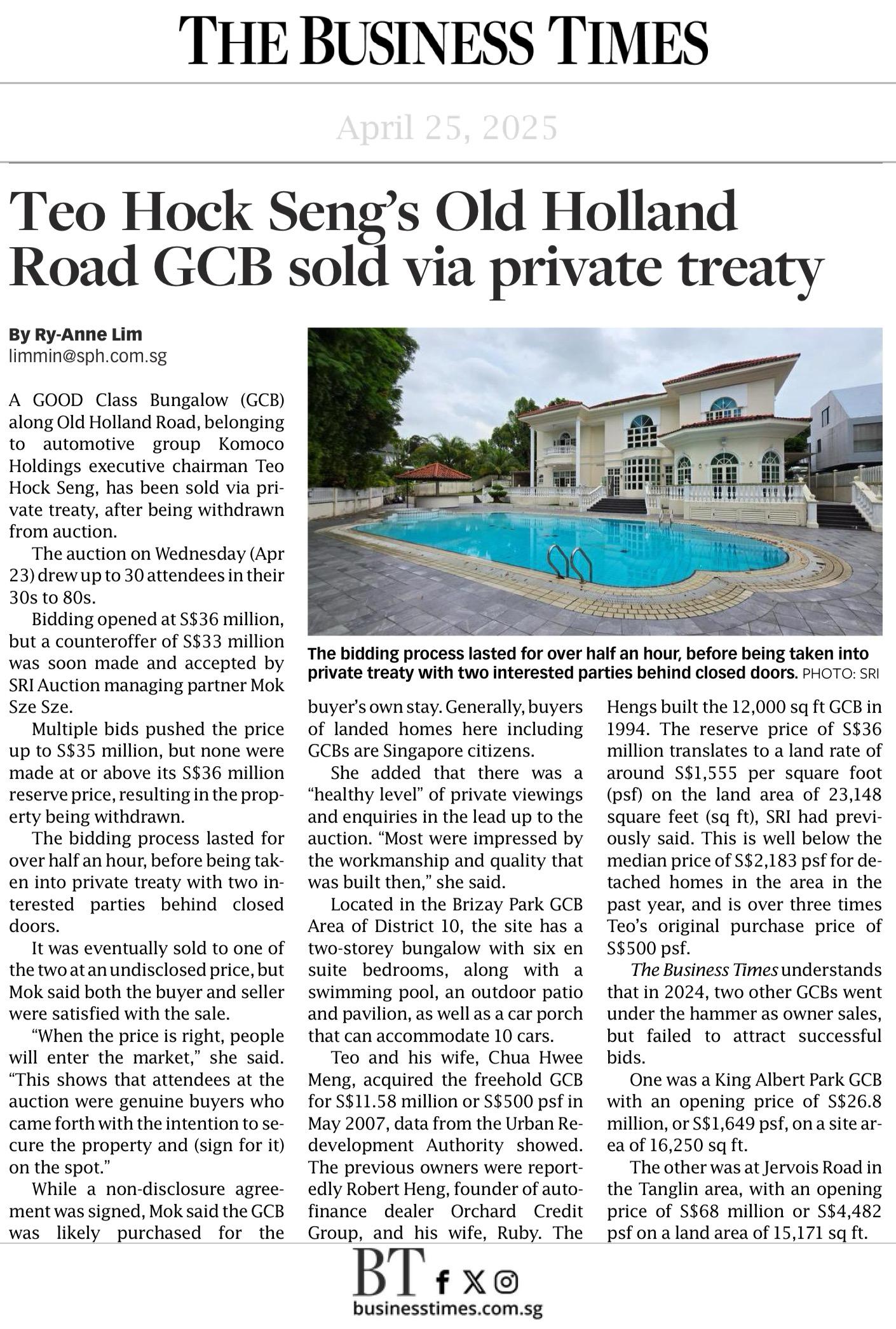 Teo Hock Seng 's GCB sold news