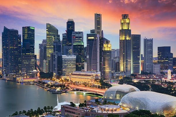 Singapore Financial District skyline at dusk.