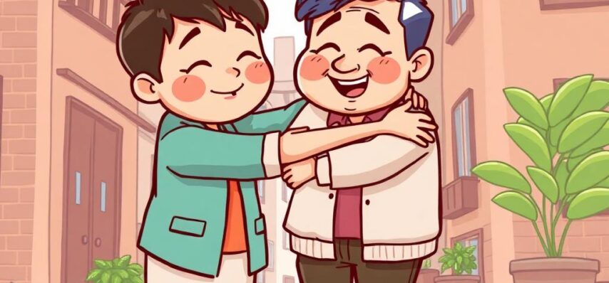 Asian tenants and landlord embracing after a spat